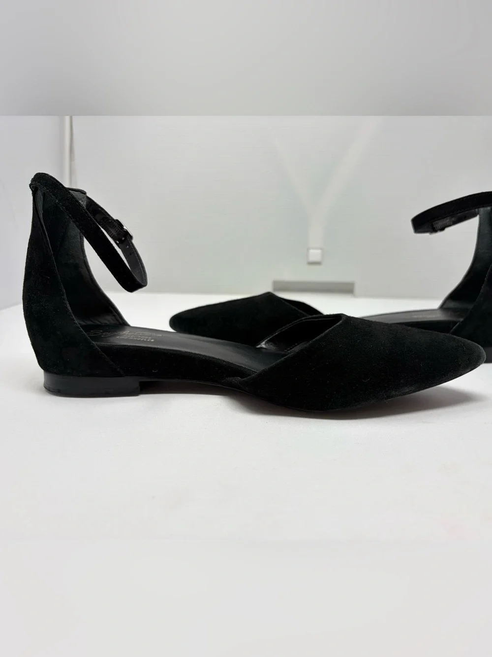 Seychelles Plateau d'Orsay Flats Black Suede Leather 9.5 Ankle Strap Pointy Toe